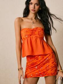 Poéselle Women's Elegant Sequin Embroidered Bandeau Top And Mini Skirt Set, Summer