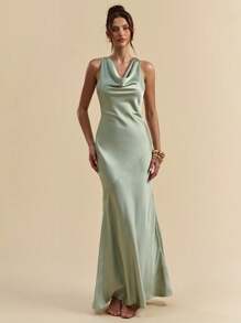 SHEIN BAE 春夏纯色鼠尾草绿色开心果露背细肩带长裙配腰带，优雅长裙，度假裙，伴娘裙，生日派对裙，返校毕业裙，绿色连衣裙