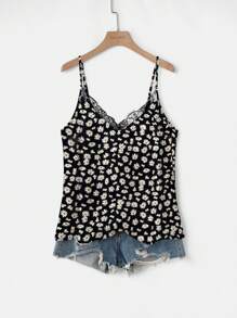 EMERY ROSE Plus Size V-Neck Lace Patchwork Black Daisy Floral Print Summer Elegant Slip Camisole For Vacation, Dates, Parties Floral Tank Daisy Top Suitable For Going Out - Black - View 6