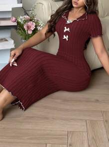 优雅蝴蝶结撞色长款针织连衣裙，女士家居服 - 酒紅色 - 查看 5