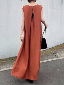 FRIFUL Women's Long Dress With Hollow Back Design And Flared Hem, Solid Color Round Neck Beach Vacation Dress,Casual Women Dresses - Orange - View 4