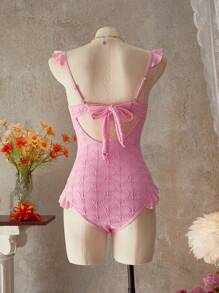 SHEIN Swim Women's Cute Jacquard Fabric Spaghetti Strap Push Up Ruffled Swimsuit