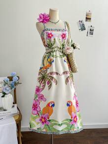 Soleia Women's Tropical Holiday Green Palm Leaf & Floral Print Side Cutout Tie-Waist Sleeveless A-Line Midi Dress For Resort - Multicolor - View 6