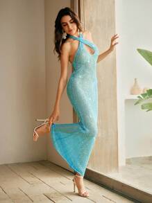 Anewsta Váy dự tiệc đuôi cá nhẹ nhàng lấp lánh dành cho nữ, váy maxi hở lưng cổ yếm gợi cảm cho kỳ nghỉ hè trên bãi biển - Màu xanh lam - Xem 5