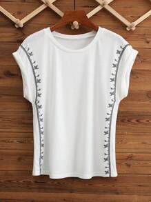 LanaWest 女式乡村风格刺绣盖袖休闲家居/户外T恤 - 白色 - 查看 3