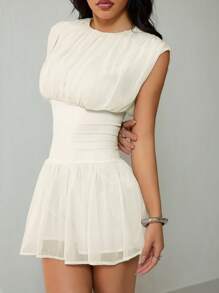 SHEIN PETITE 1pc Women Solid Color Elegant Ruched Waist Mini Dress Business Casual Woman,Bodycon Dress