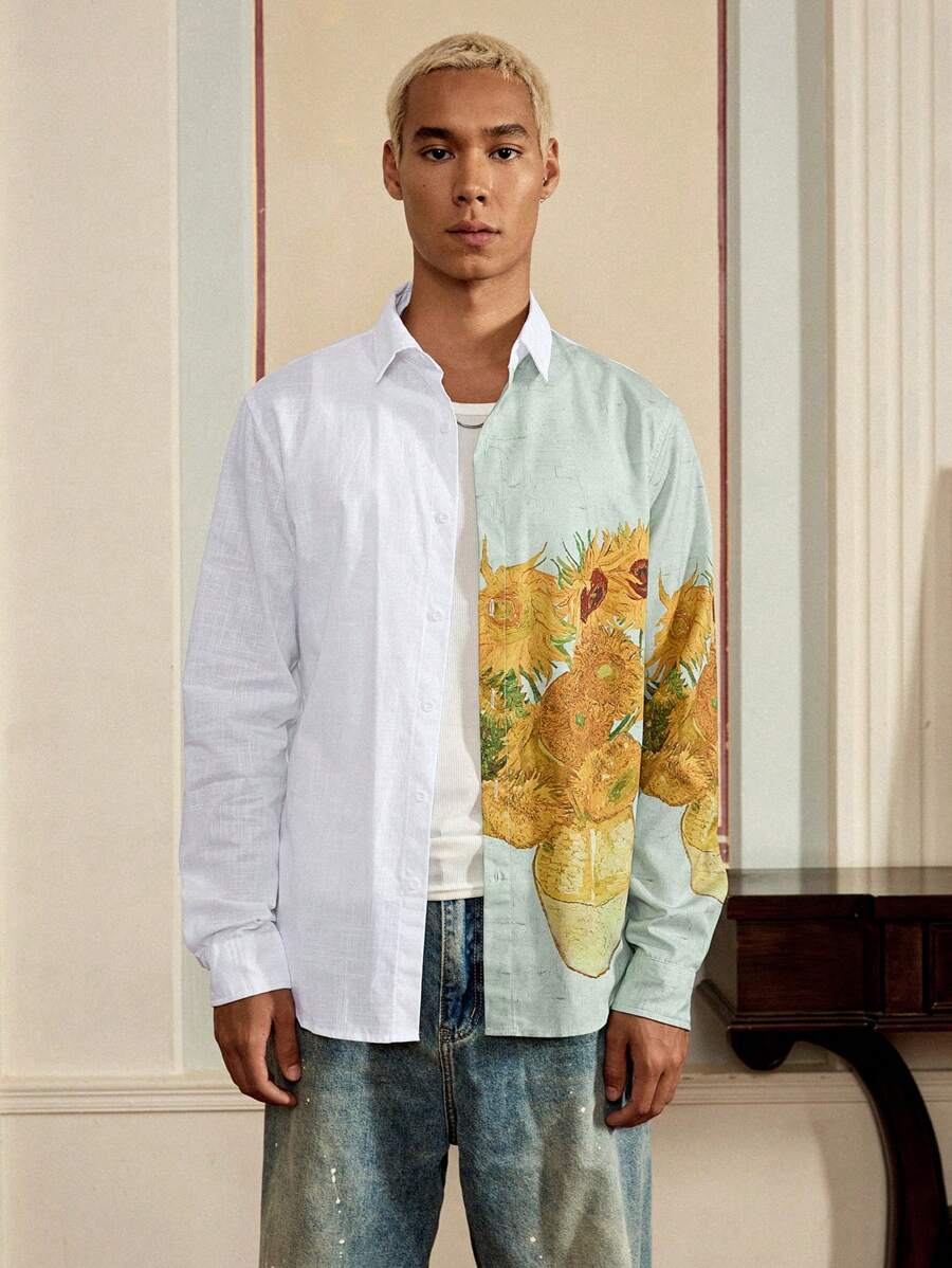 SWAVVY Men Cotton Sunflower Print Colour Block Shirt Without Tee - White - View 1