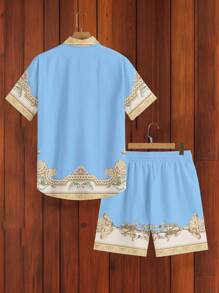 Manfinity KASUA Conjunto de camisa y pantalones cortos estampados vintage para hombre, conjunto informal de 2 piezas para verano, ropa de playa para hombres