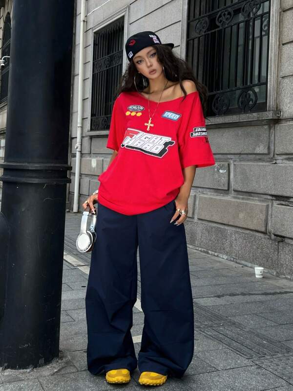 Coolane Ținută de concert de vară pentru femei, streetwear, grafică vintage Y2K, roșii, supradimensionate, cu umeri goi