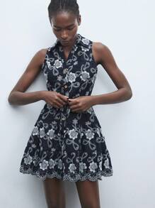 Maija 二合一休闲花卉印花系带夏季连衣裙，乡村音乐节服装，夏威夷风格女装 - 藏蓝色 - 查看 6