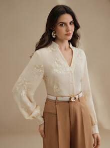 Anewsta 优雅立领设计刺绣女式衬衫，商务休闲办公室 - 杏色 - 查看 6