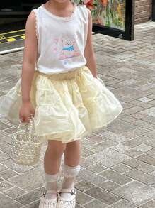 DAZY 女童卡通印花上衣和薄纱裙两件套，女童夏季服装