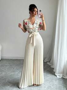 SHEIN Tall 女式杏色拼布刺绣腰带褶皱连体裤 - 杏色 - 查看 3