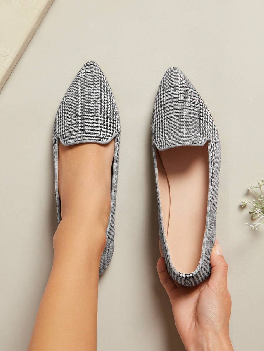 SHUZIA 一脚蹬尖头格纹芭蕾平底鞋，秋冬季圣诞节假期度假氛围 - 淺灰色 - 查看 1