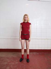 COUREZ Gestreifte gestrickte Mikro-Shorts, Sommer für Frauen Y2K Sommer Shorts Vintage - Verschiedenfarbig - Übersicht 6