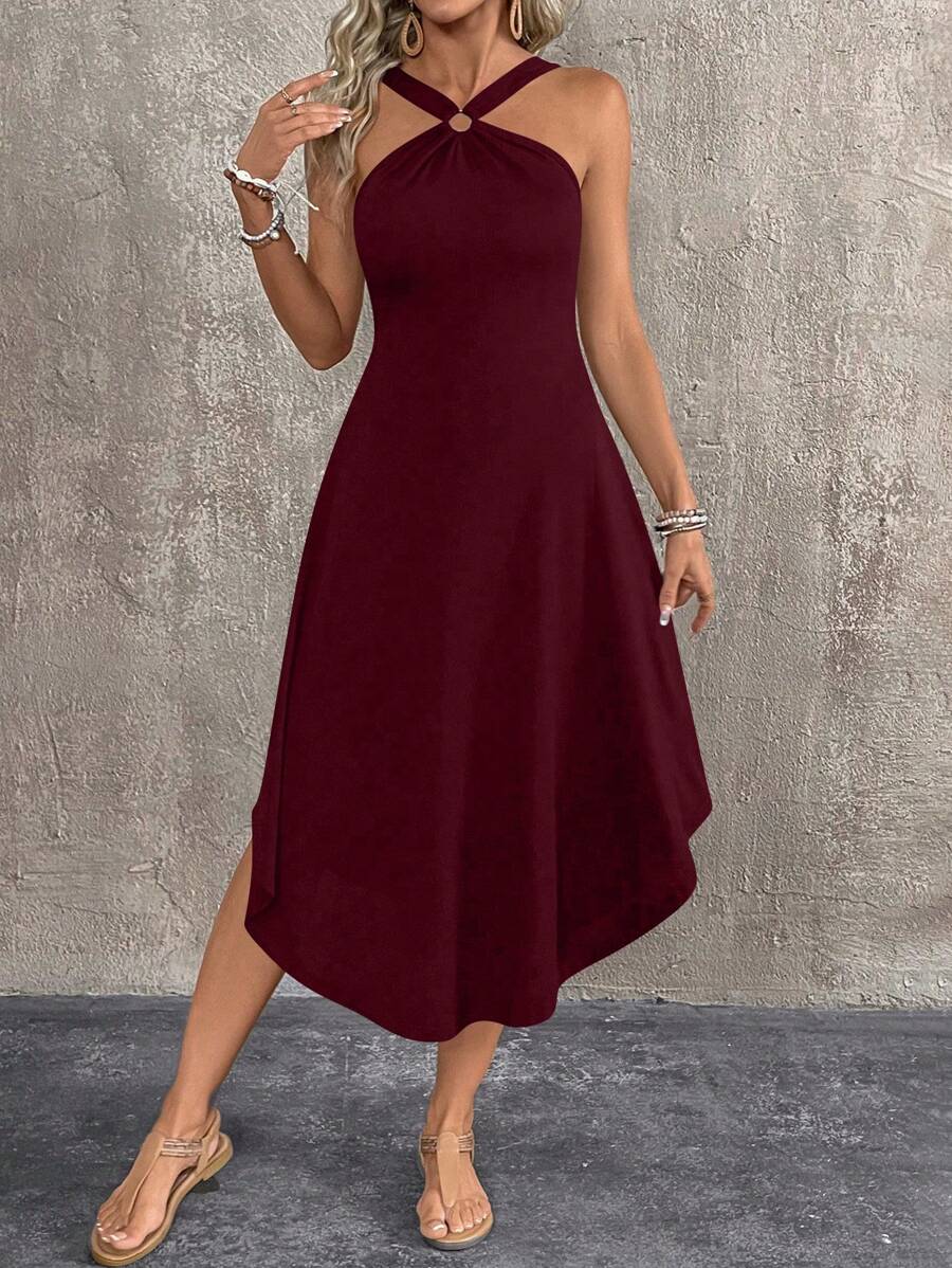 Breezaya Đầm Maxi Đi Biển Không Tay Cổ Halter Màu Trơn Viền Bất Đối Xứng Mùa Hè Trang Phục Đi Biển Cho Nữ - Màu Đỏ Sâu - Xem 1