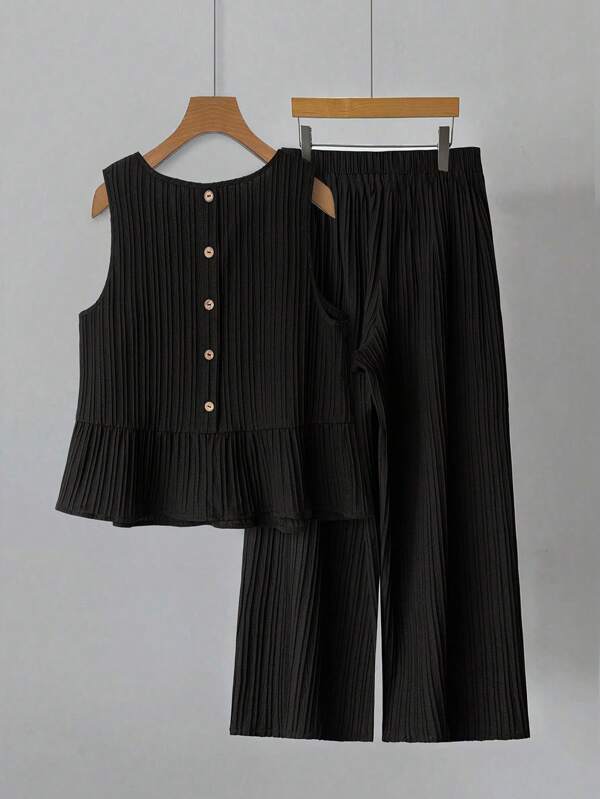 Linhara 2pcs/Set Plus Size Women Crew Neck Single-Row Wooden Button Ruffled Hem Top And Loose Wide Leg Pants, Korean Style Casual Elegant Office & Holiday Outfit, Summer