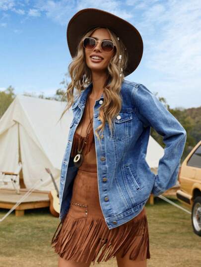 Breezaya Solid Color Casual Front Button Long Sleeve Denim Jacket, Versatile