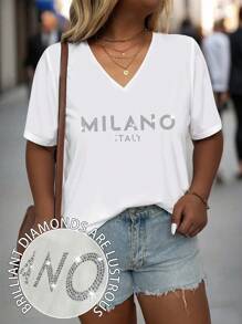 Calvaya Plus Size Women's Simple 'MILANO ITALY' Letter Print Hot Diamond V-Neck Short Sleeve Casual T-Shirt For Women