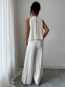 Elenzga Women's Sleeveless Crew Neck Pleated Elegant Romantic Jumpsuit For Vacations - Apricot - View 2