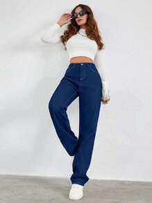 SHEIN Cottnline 100%Cotton Slant Pocket Straight Leg Jeans - Dark Wash - View 3