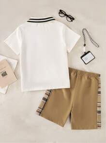 SHEIN Set de 2 piese pentru băieți, ținută de vară la modă, cu îmbinare inovatoare, inclusiv cămașă cu mânecă scurtă și pantaloni scurți, 2025, ținute pentru copii, pentru facultate și sport în campus