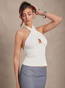 L'Amorae Blusa de verano de mujer de unicolor con pliegues y cruce en el cuello halter