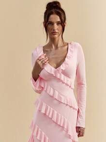 SHEIN BAE 秋季长袖长裙，浪漫荷叶边设计，约会，旅行，内衣，适合情人节，蝴蝶结，优雅女士连衣裙，节日连衣裙，正式连衣裙，中长连衣裙，夏季连衣裙，网眼，透视袖，休闲连衣裙，女士婚纱，加大码曲线，加大码生日礼服，曲线，晚会礼服，夏季，秋季 - 珊瑚粉 - 查看 6