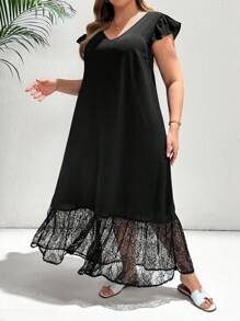 SHEIN Essnce 大码女装春夏时尚休闲宽松舒适修身蕾丝拼接黑色无袖长裙，女士夏季服装，女士度假服装，女士早午餐服装，欧洲夏季服装，伊比沙岛服装，女士邮轮服装，波西米亚风，海滩度假 - 黑色 - 查看 4