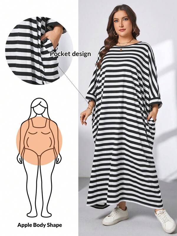 SHEIN Essnce Plus-Size Women's Ultra-Loose Dress, Long Dress, Casual Striped Women's Dress, 2 Pocket Skirt,Summer Outfits For Women Plus Size T Shirt,Summer Clothes Women Festival Outfits For Women Going Out Outfits