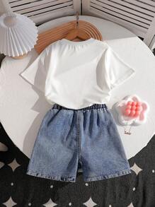 SHEIN 女童中大童两件套，蝴蝶结印花短袖T恤上衣+刺绣蝴蝶短裤，夏季 - 白色 - 查看 2