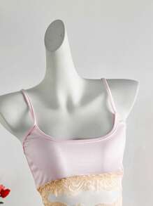 Zolique Women Lace Contrast Color Patchwork Cami Top, Summer - Baby Pink - View 4