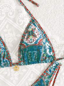 Swim Vcay 女士夏季度假装 2 件套 露背随机花卉印花上衣和高腰复古比基尼泳裤