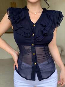 DAZY 女式多层荷叶边拼接修身性感半透明夏季雪纺开衫短袖衬衫 - 藏蓝色 - 查看 5