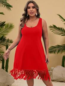 SHEIN VCAY Vestido azul de punto de talla grande con empalme sin mangas y flecos para vacaciones de verano en la playa - Rojo - Ver 3