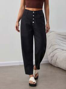 SHEIN Tall Women Loose Fit Tapered Leg Black Denim Jeans Baggy Jeans Tall Pants Women - Black - View 4