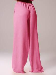 MUSERA 抽绳腰带亚麻质感荷叶边阔腿休闲裤，适合伊比沙岛度假、夏季节日、海滩穿着，浪漫优雅，适合生日、婚礼、机场等场合。 - 粉色 - 查看 4