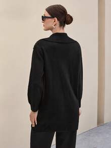 EURMUSE Áo len cardigan dệt kim cổ polo cài nút phía trước dáng rộng thanh lịch ấm áp cho nữ - màu đen - Xem 2