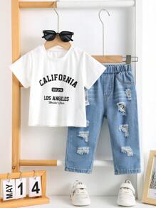 SHEIN 2pcs/Set Baby Boy Cute Summer Patchwork Short Sleeve Top & Elastic Waist Ripped Blue Denim Pants Set Baby Jeans Set Baby Girl Summer Outfit Baby Girl Summer Set
