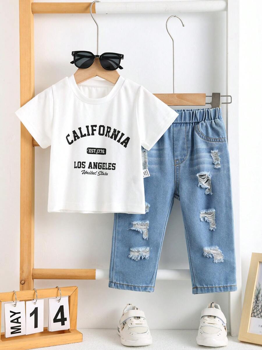 SHEIN 2pcs/Set Baby Boy Cute Summer Patchwork Short Sleeve Top & Elastic Waist Ripped Blue Denim Pants Set Baby Jeans Set Baby Girl Summer Outfit Baby Girl Summer Set