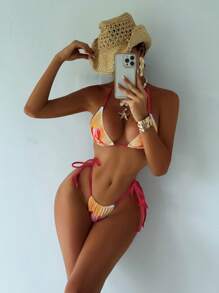 Swim SXY Spring Break Women Sexy Microtrip Print Halter Bowknot Textured Fabric 3-Piece Bikini Swimsuit For Beach Holiday For Summer Beach Vacation - Orange - View 3