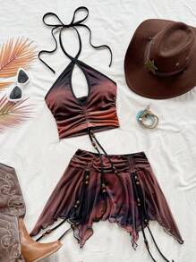 Soleia 女式复古扎染前镂空抽绳褶饰露背吊带背心和不对称荷叶边抽绳下摆迷你裙套装，适合派对、约会、下午茶、海滩、音乐节、狂欢节海滩装