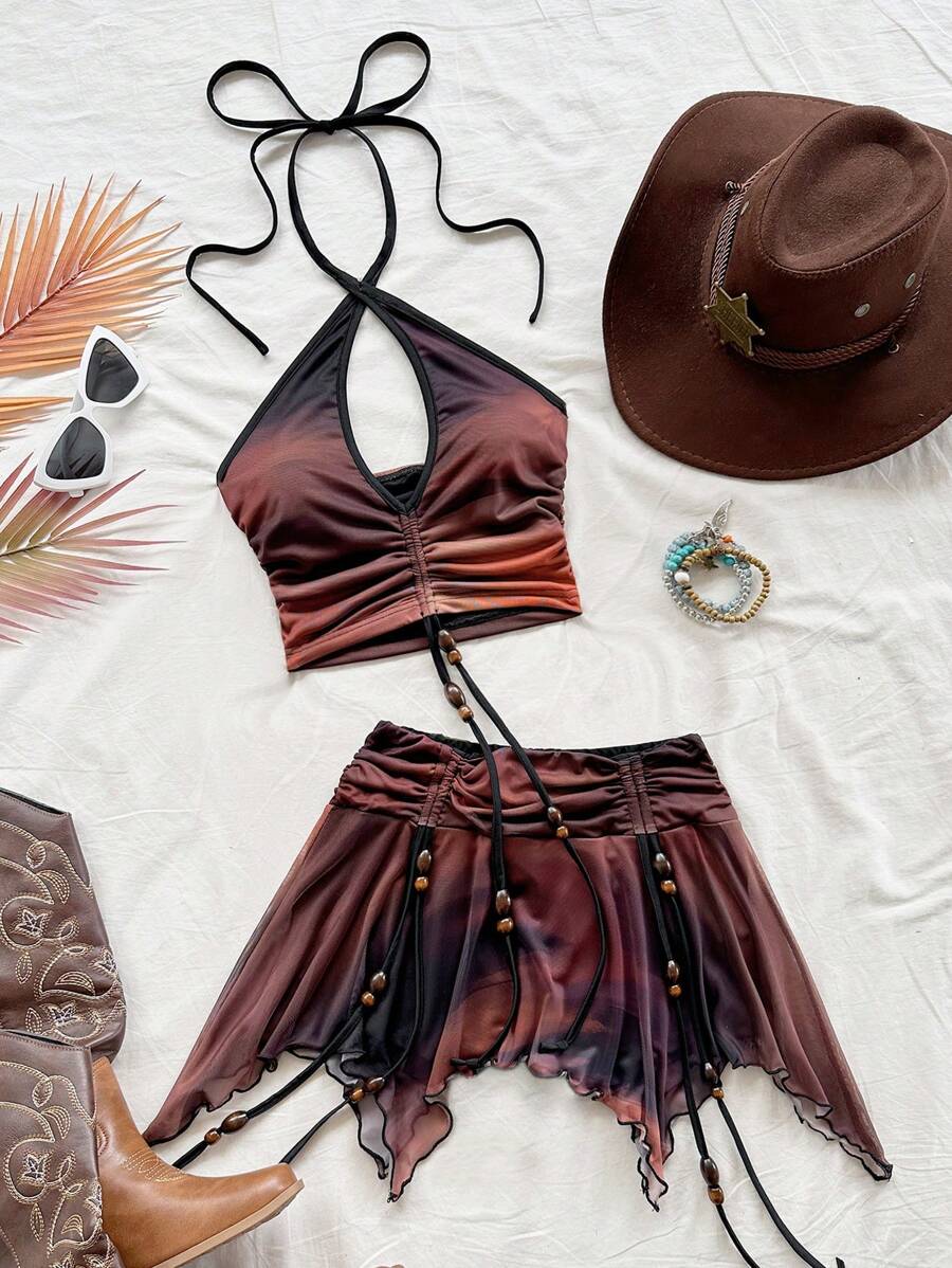 Soleia 女式复古扎染前镂空抽绳褶饰露背吊带背心和不对称荷叶边抽绳下摆迷你裙套装，适合派对、约会、下午茶、海滩、音乐节、狂欢节海滩装