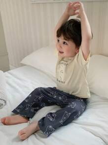 Hapijoa 男嬰卡通印花圓領休閒短袖T恤與卡通長褲睡衣套裝 幼兒 - 米色 - 查看 6