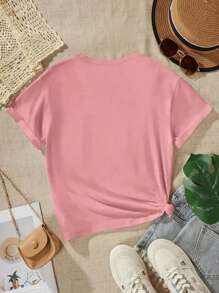 Young Girl Casual Watercolor Floral & Letter Print Short Sleeve T-Shirt - Coral Pink - View 2