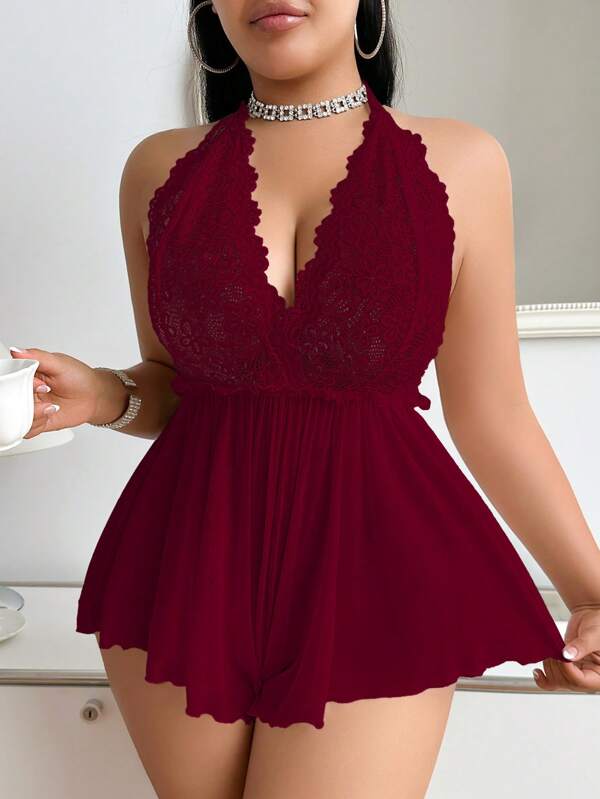 SilkySpell Salopetă sexy transparentă cu dantelă și plasă, mărime plus, lenjerie intimă