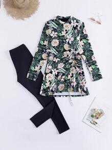 Swim Mulvari 2pcs/Set Women Tropical Plant Floral Print Tight Fit Long Sleeve Casual Beach Holiday Burkini Swimsuit Set, Spring/Summer