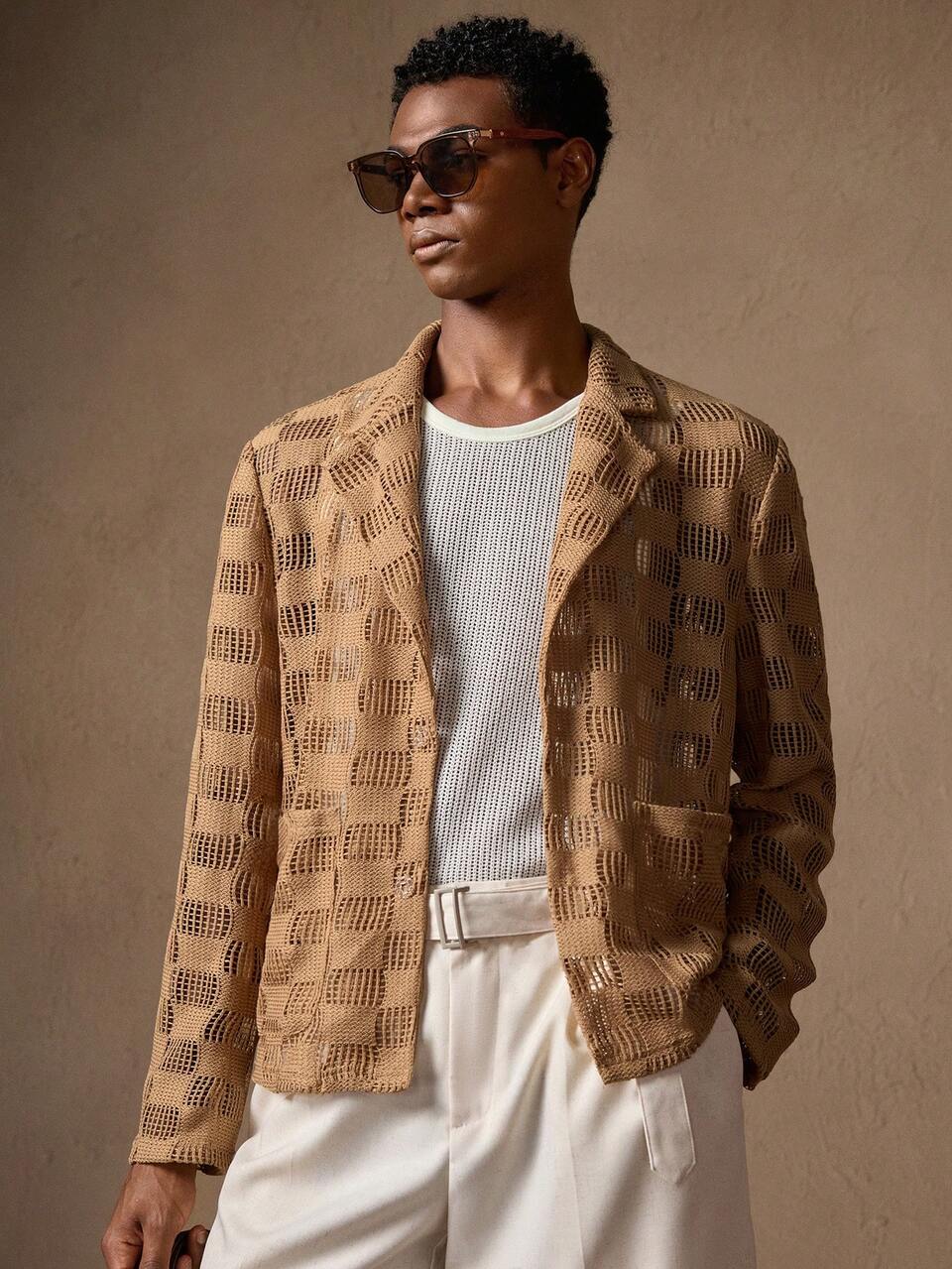 Men's Jacquard Knit Casual Blazer, Brown, Suitable For Party, Daily Wear, Summer, Vacation, Wedding, Graduation Gift, For Fall Winter