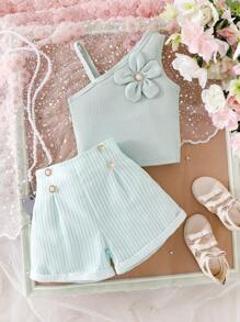 2pcs/Set Young Girls Green Ribbed Asymmetrical 5-Petal Flower Top & Green White Ribbed Faux Pearl Button Shorts, Fresh Casual Summer Outfit