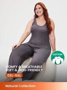 LUVLETTE Große Größen Set aus weicher Baumwolle mit Basic-Lässig-Sporty Elastic Rippenstrick Tanktop & Hose, Loungewear, luftiges Pyjama Set, Sport Lässig Komfort Outfit mit Aktiv Hose mit Taschen, Wäsche als Oberbekleidung